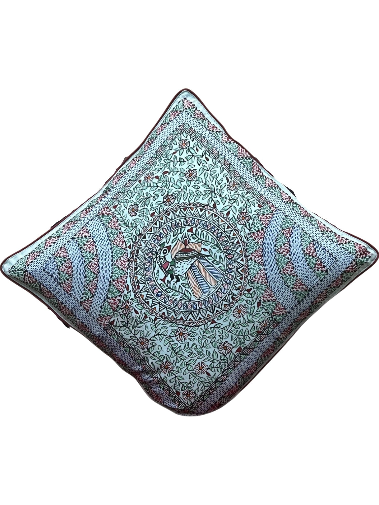 MADHUBANI AND SUJANI HAND-CRAFTED CUSHION COVER- PEACOCK MOTIF